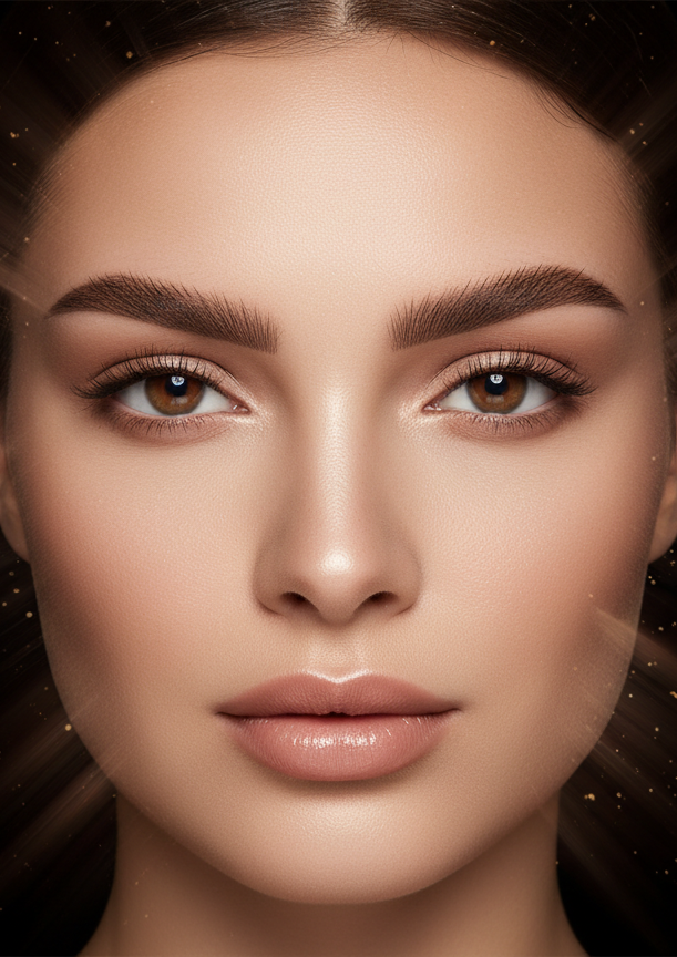 Extreme close-up macro of a single eye with meticulously applied volume eyelash extensions, deep black background, subtle warm golden highlights, soft nude skin tones, luxury beauty editorial, sophisticated Close-up of perfectly microbladed natural-looking eyebrows on flawless skin, soft nude tones, deep dark background with subtle gold light, luxury beauty editorial photography, refined and precise
