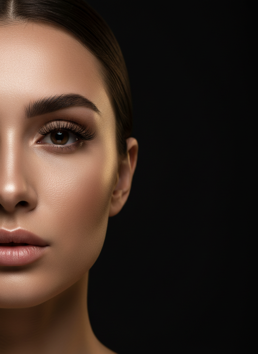 Ultra-luxurious close-up beauty portrait of a woman with flawless skin, dramatic long eyelash extensions and perfectly shaped brows, low-key moody lighting against a deep matte black background