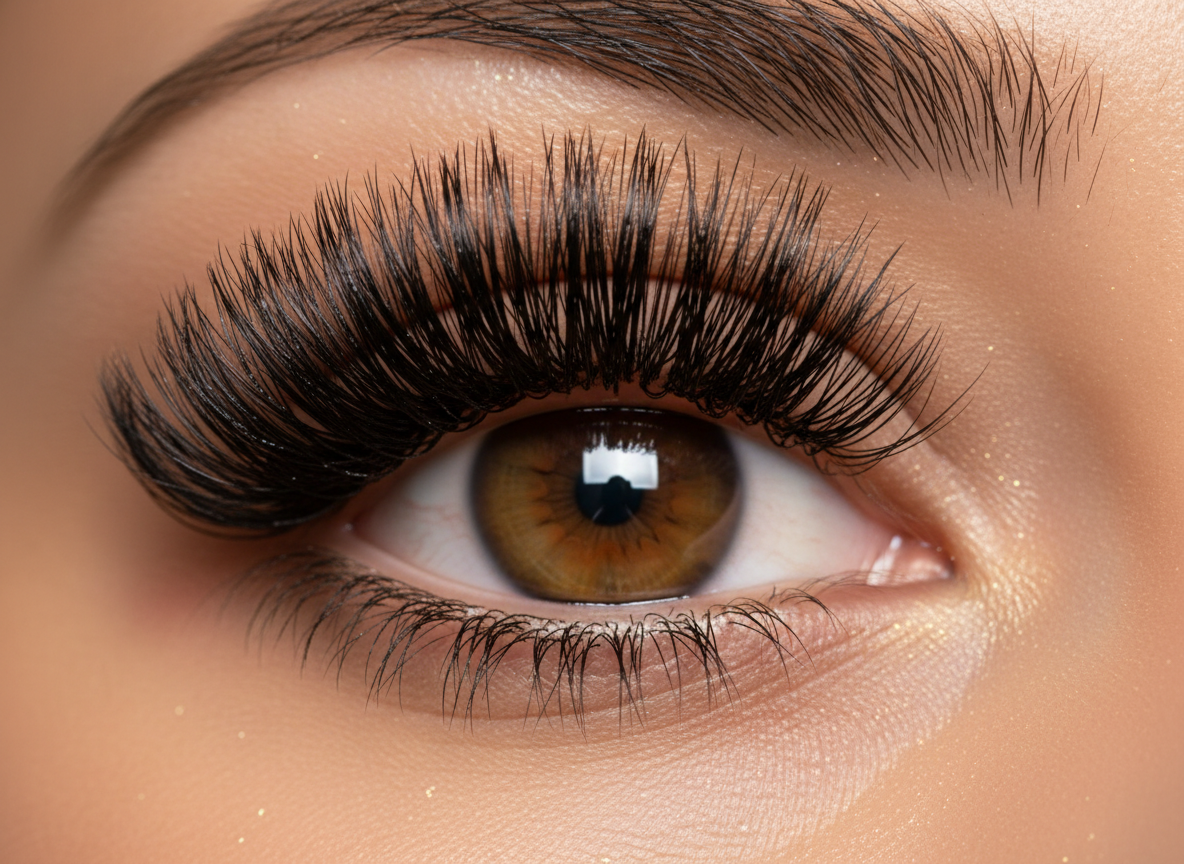Extreme close-up macro of a single eye with meticulously applied volume eyelash extensions