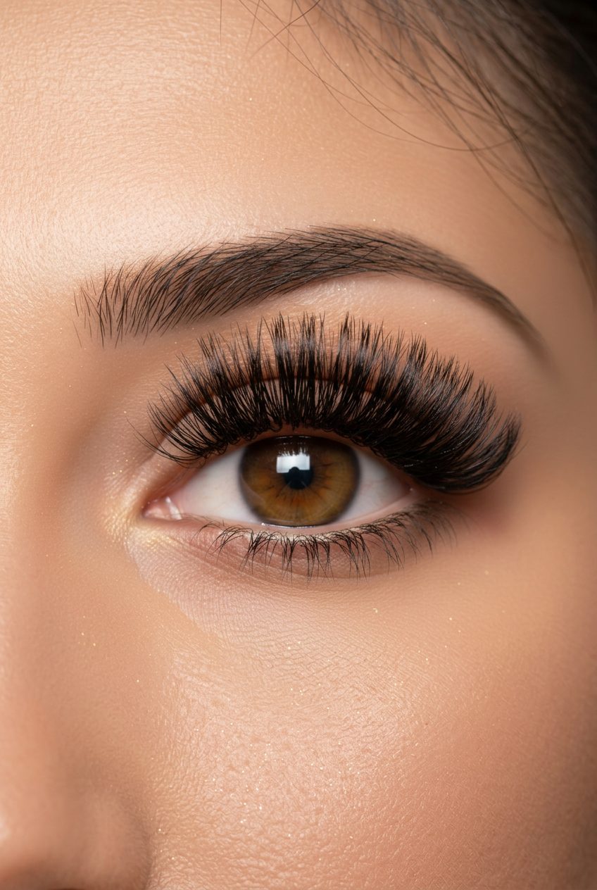 Extreme close-up macro of a single eye with meticulously applied volume eyelash extensions, deep black background, subtle warm golden highlights, soft nude skin tones, luxury beauty editorial, sophisticated Extreme close-up macro of a single eye with meticulously applied volume eyelash extensions, deep black background, subtle warm golden highlights, soft nude skin tones, luxury beauty editorial, sophisticated
