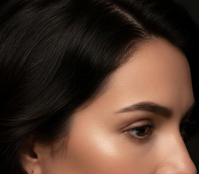 Elegant close-up of a woman's refined hairline and temple area with soft natural density, dark moody background with warm golden tones, luxury beauty studio aesthetic, sophisticated and feminine
