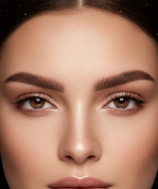 Close-up of perfectly microbladed natural-looking eyebrows on flawless skin, soft nude tones, deep dark background with subtle gold light, luxury beauty editorial photography, refined and precise Close-up of perfectly microbladed natural-looking eyebrows on flawless skin, soft nude tones, deep dark background with subtle gold light, luxury beauty editorial photography, refined and precise