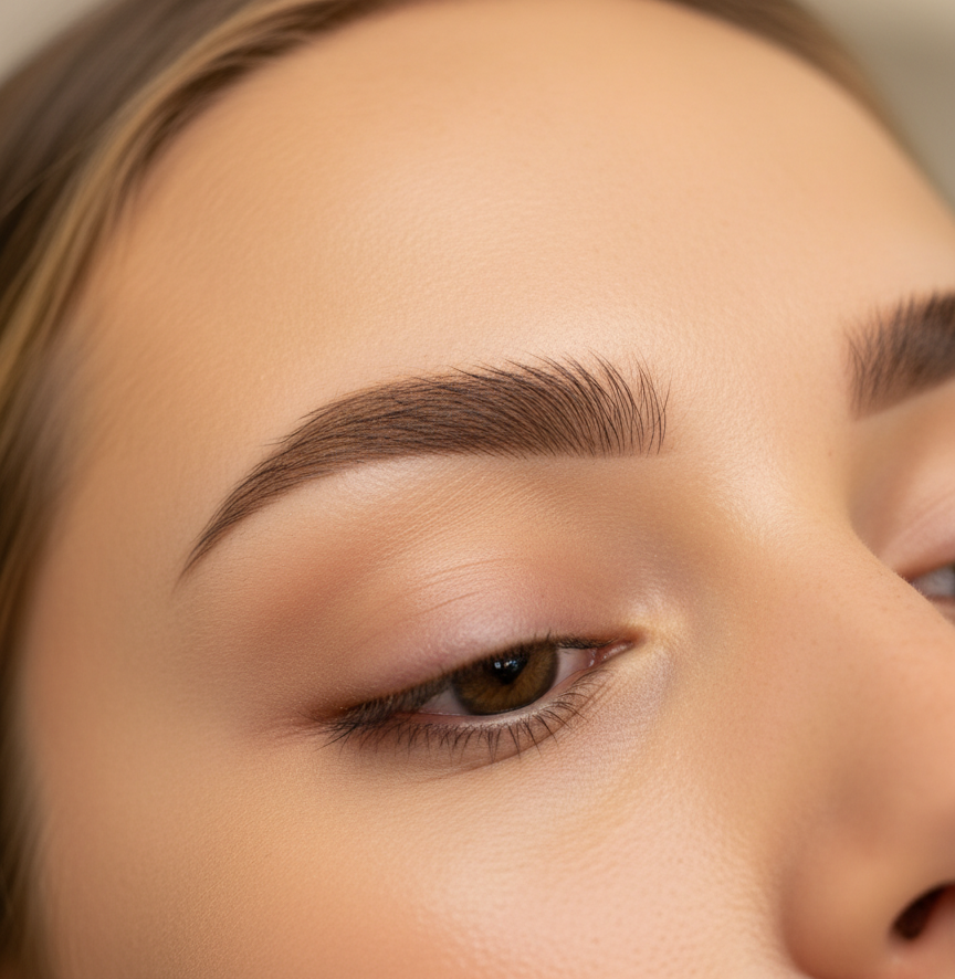 Close-up macro of ombre shaded brows with smooth powder gradient on radiant skin, warm beige lighting, sophisticated spa mood