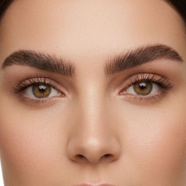 Refined beauty portrait of a woman with naturally defined dimensional hybrid brows, warm cream background, elegant minimal luxury photography