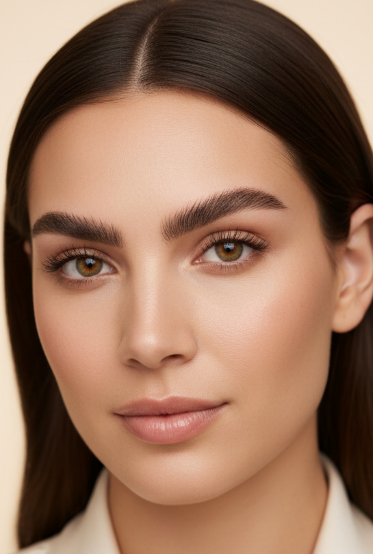 Refined beauty portrait of a woman with naturally defined dimensional hybrid brows, warm cream background, elegant minimal luxury photography